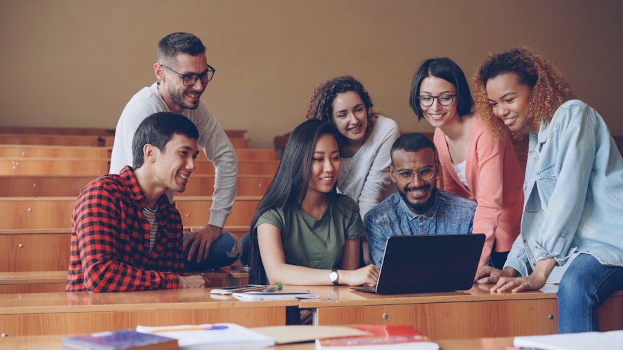 Diverse college students collaborating in a lecture hall, with an Asian student at the center